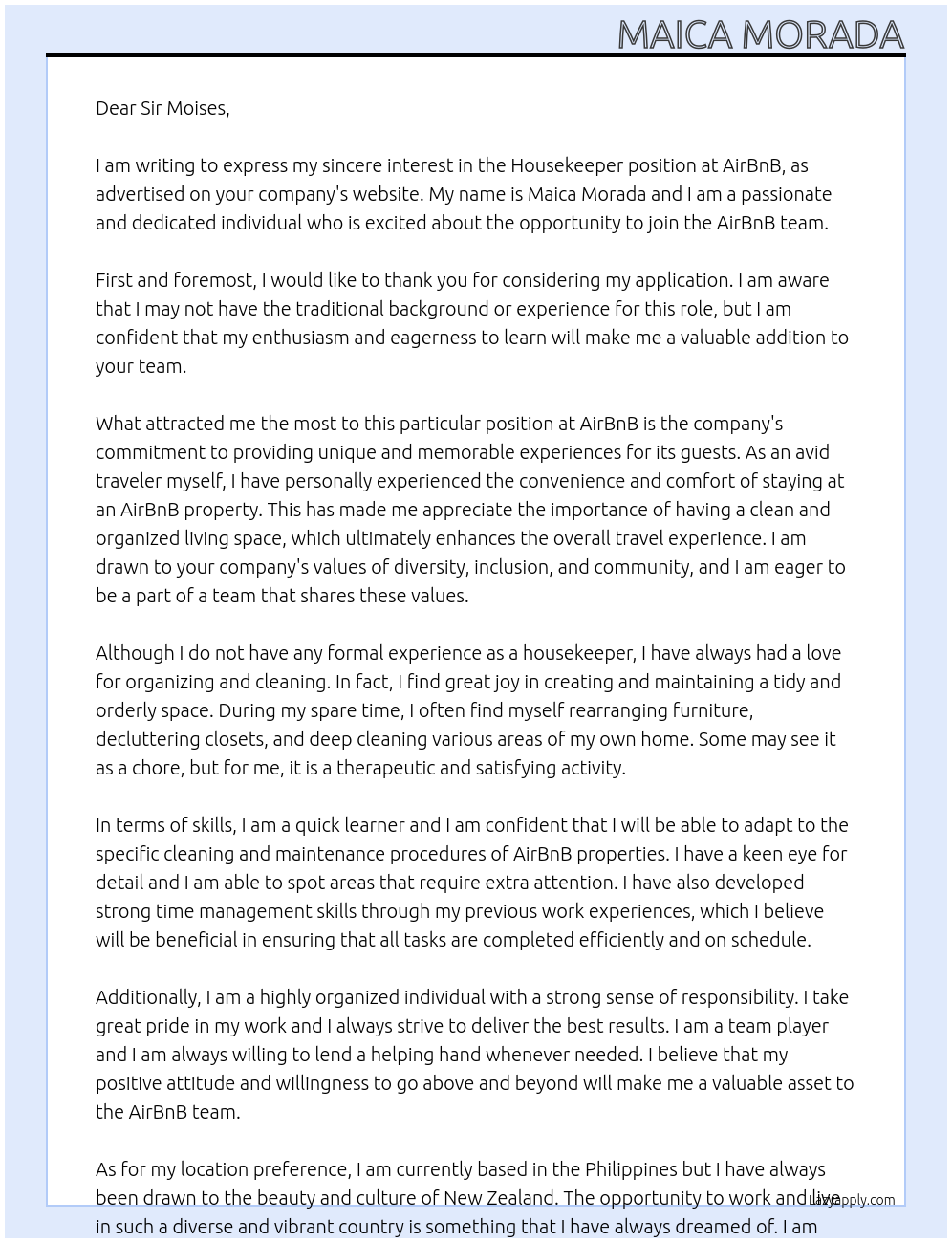 Housekeeper At AirBnB Cover Letter
