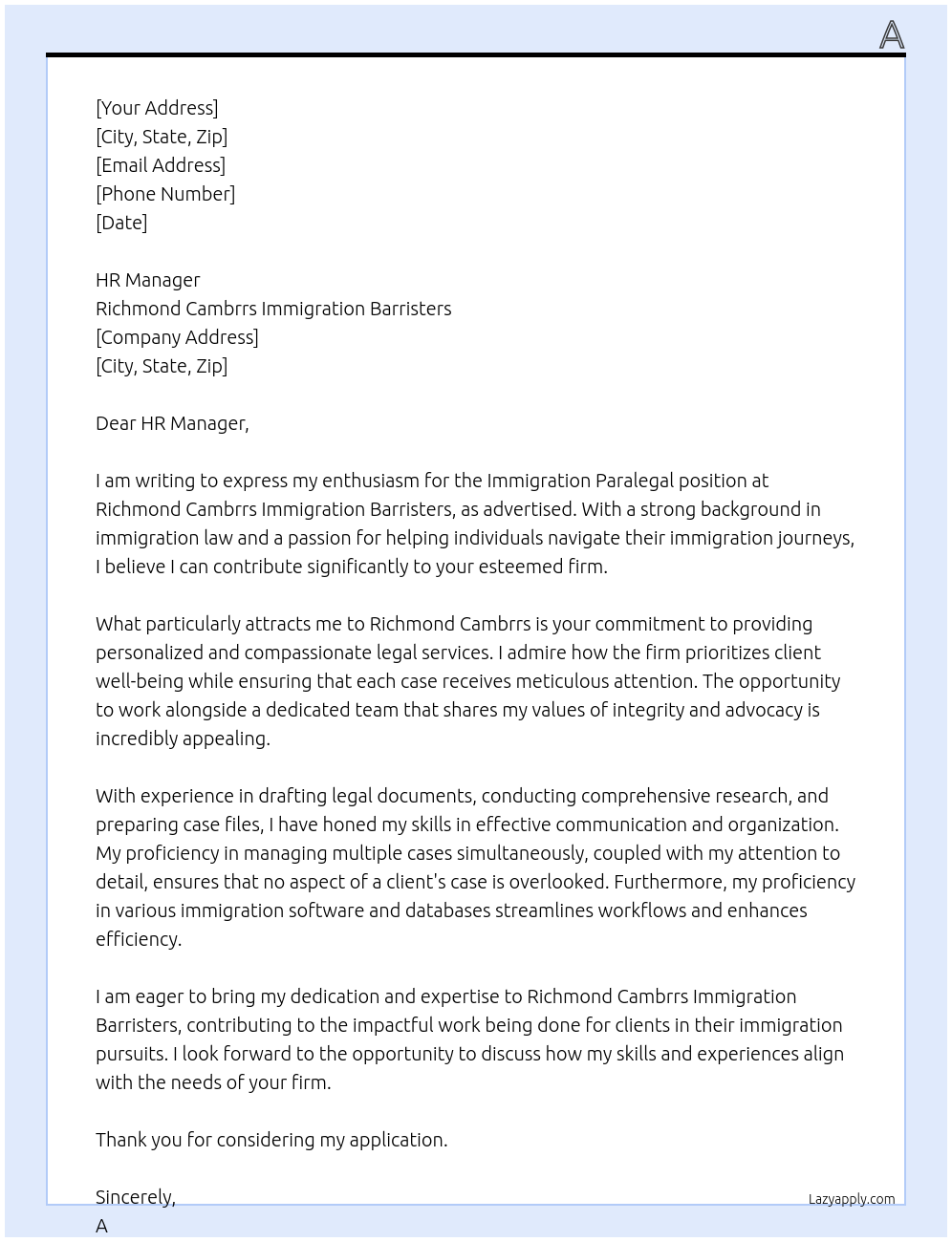 Cover letter for immigration paralegal - LazyApply