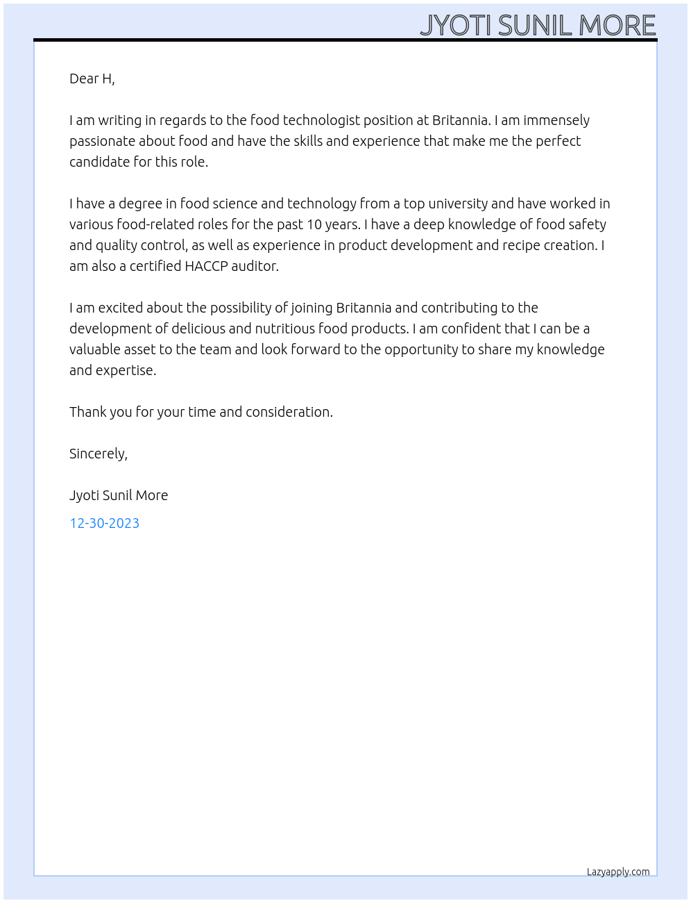 Food Technologist At Britannia  Cover Letter