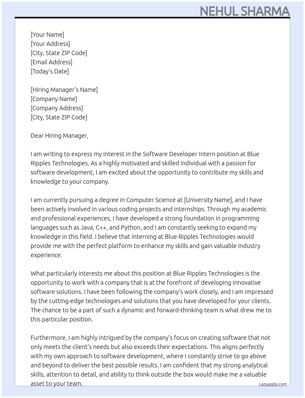 Software Developer Intern At Blue Ripples Technologies Cover Letter