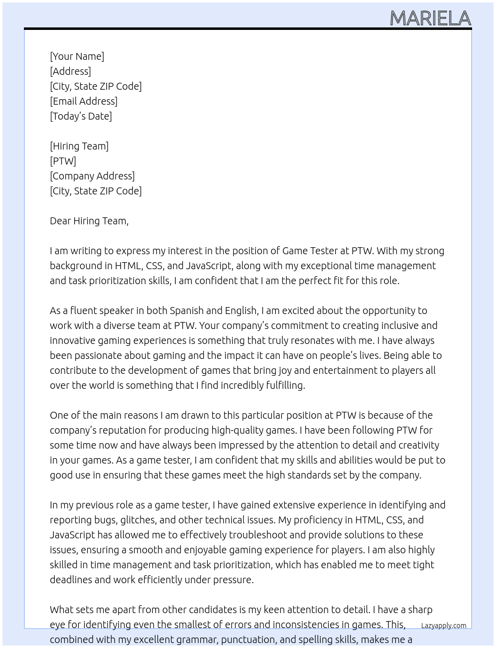 game tester At PTW Cover Letter