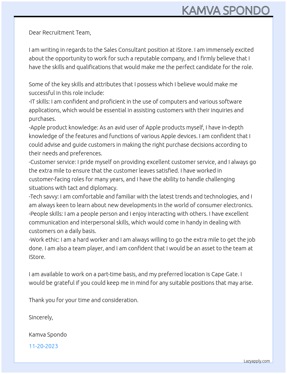 Sales consultant At iStore Cover Letter