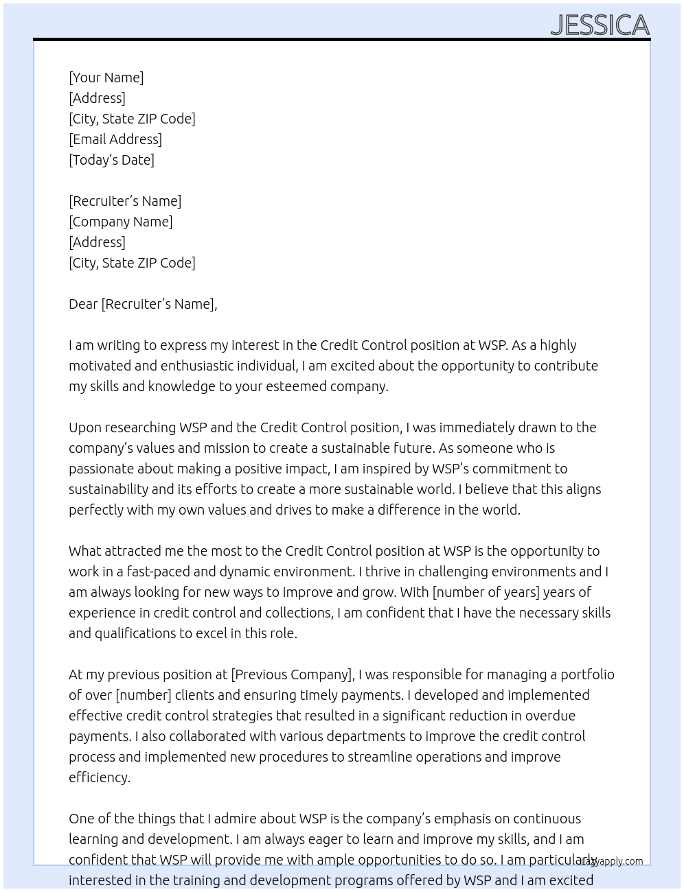 Credit Control At WSP Cover Letter