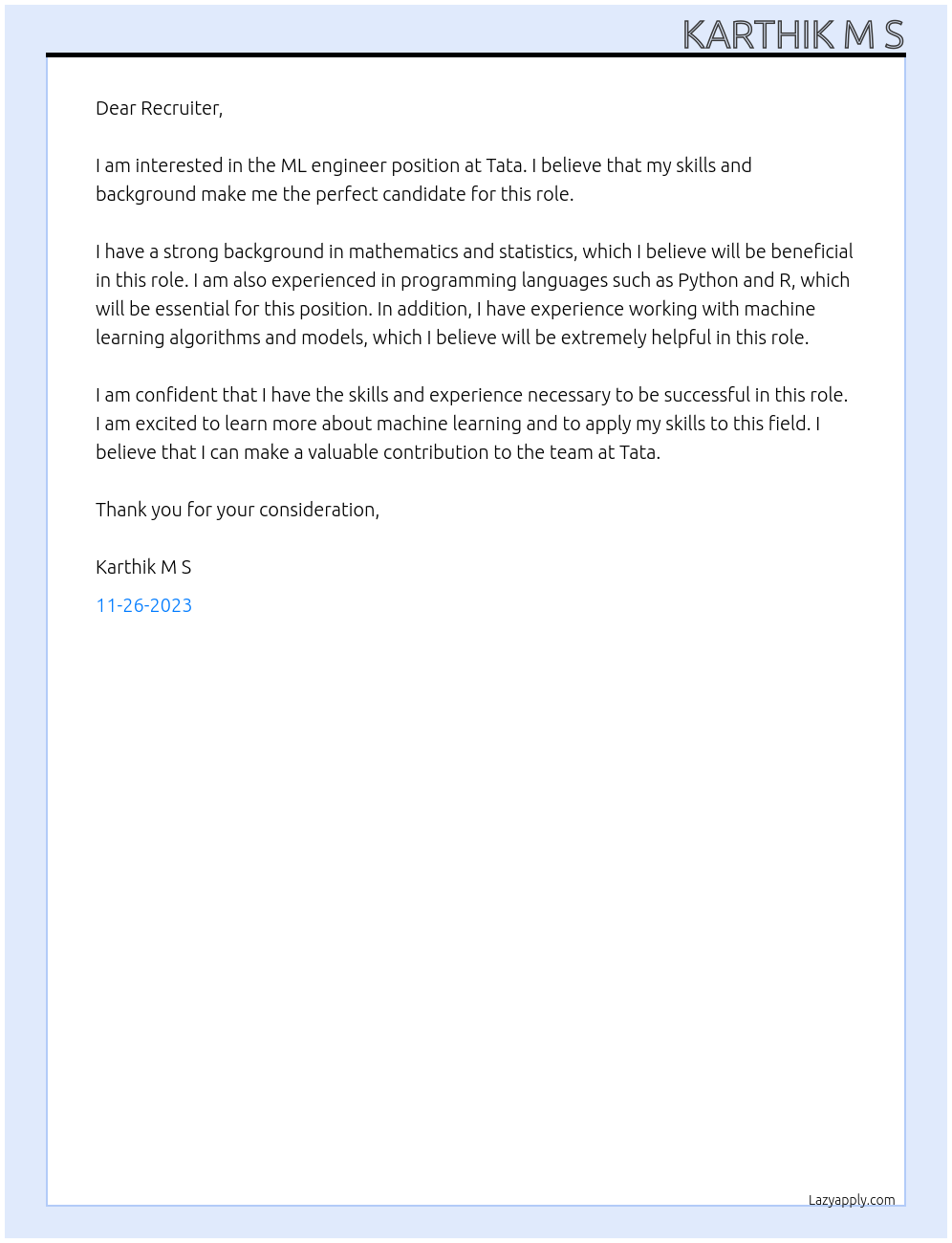 ML engineer At Tata Cover Letter