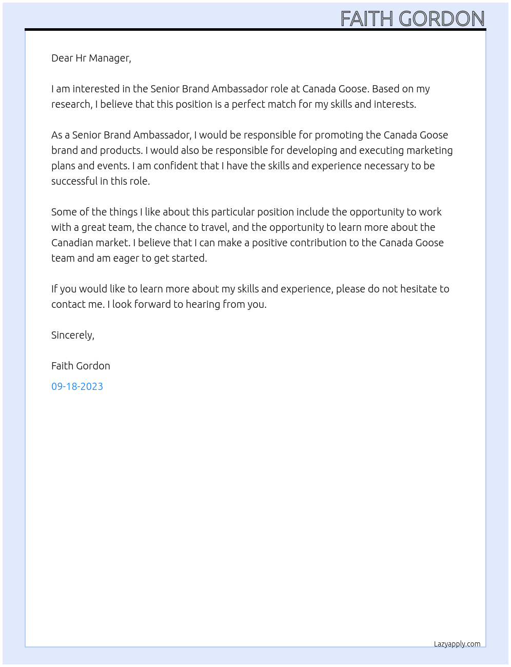 Brand Ambassador At Canada Goose Cover Letter