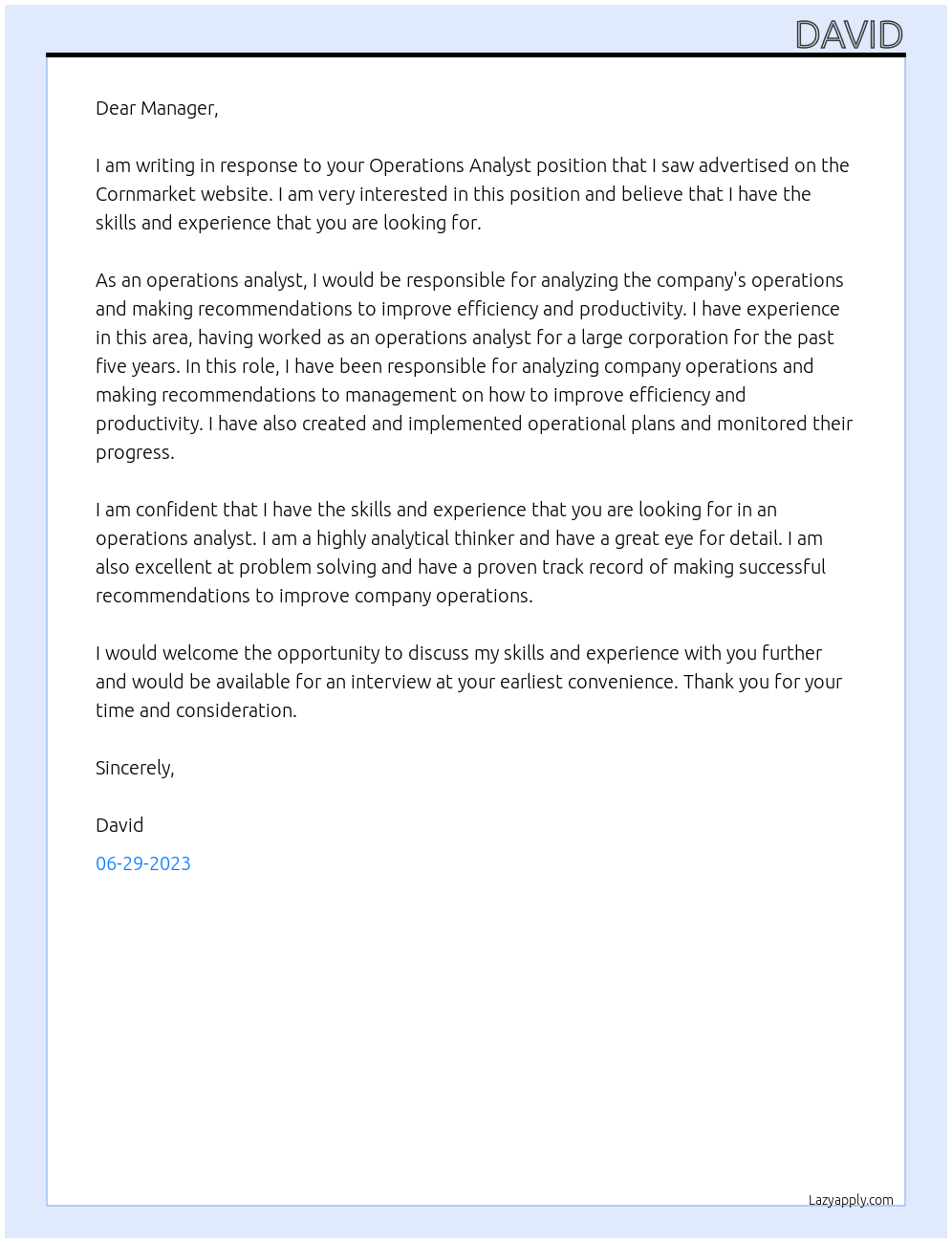 Operations analyst At Cornmarket Cover Letter
