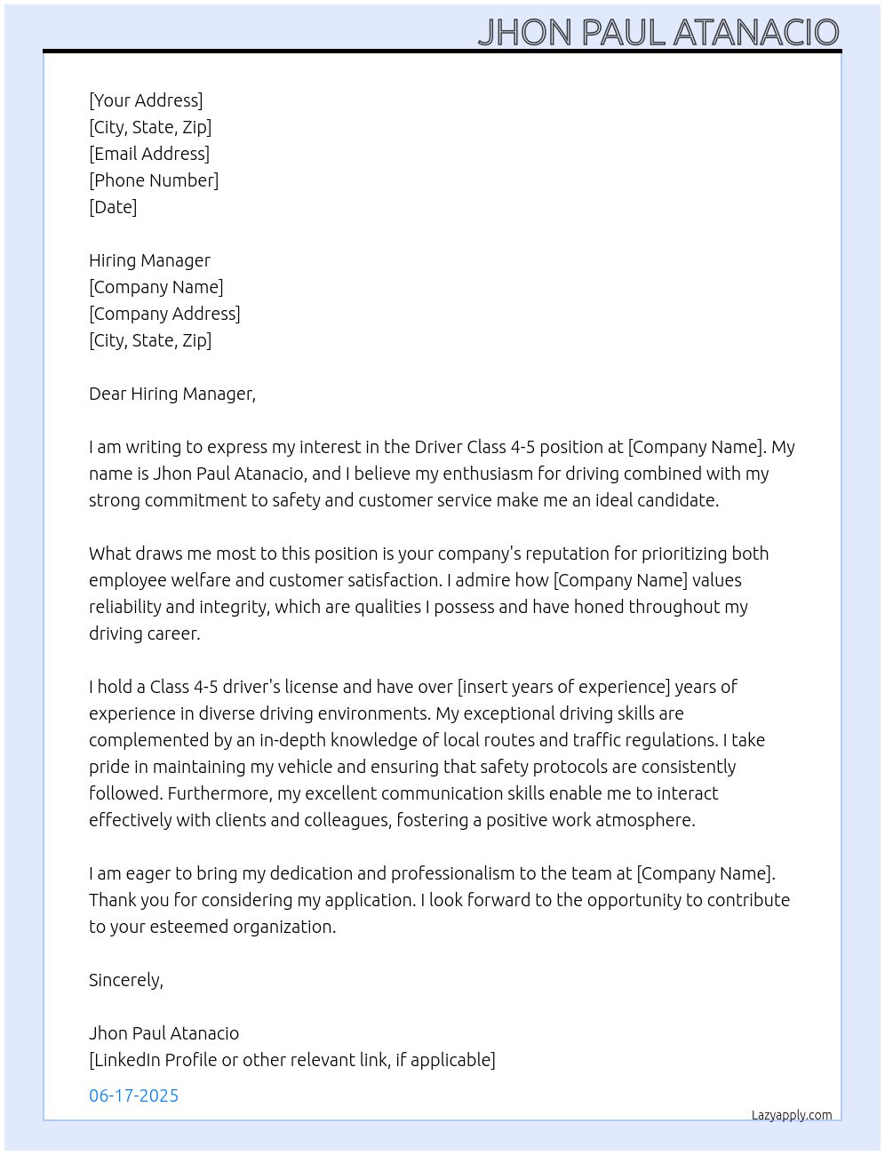 Driver class 4-5 At Hiring manager Cover Letter