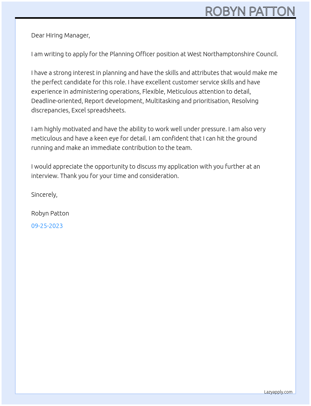 Planning Officer At West Northamptonshire Council Cover Letter