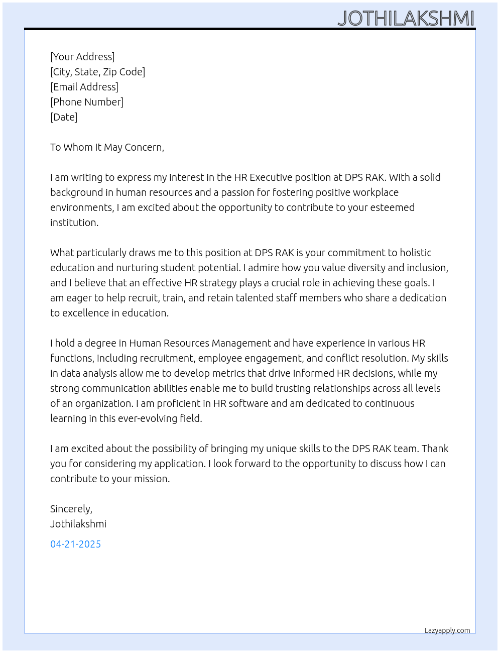 hr executive At DPS RAK Cover Letter