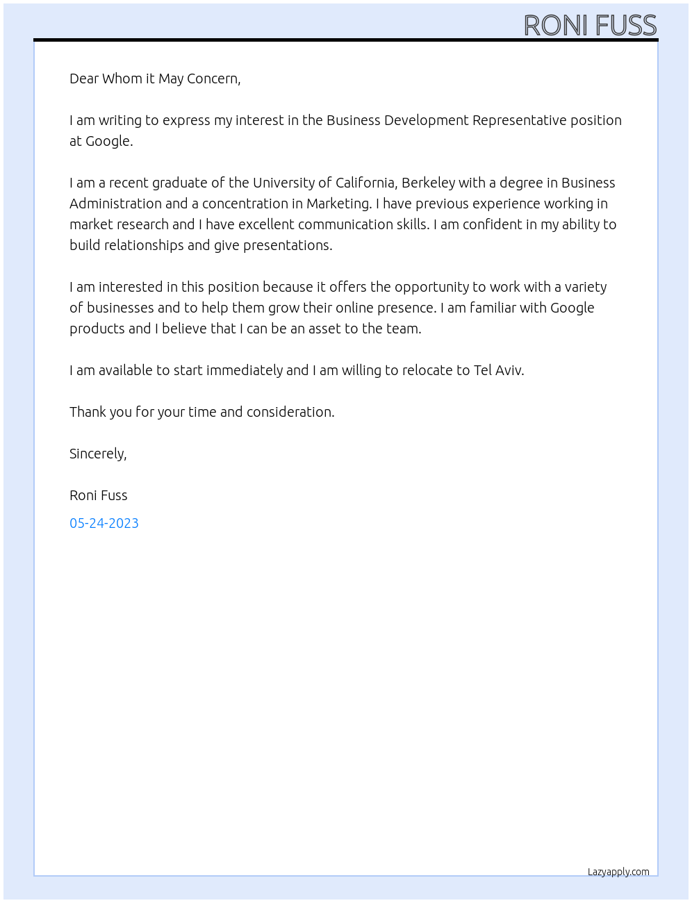 business development representative At google Cover Letter