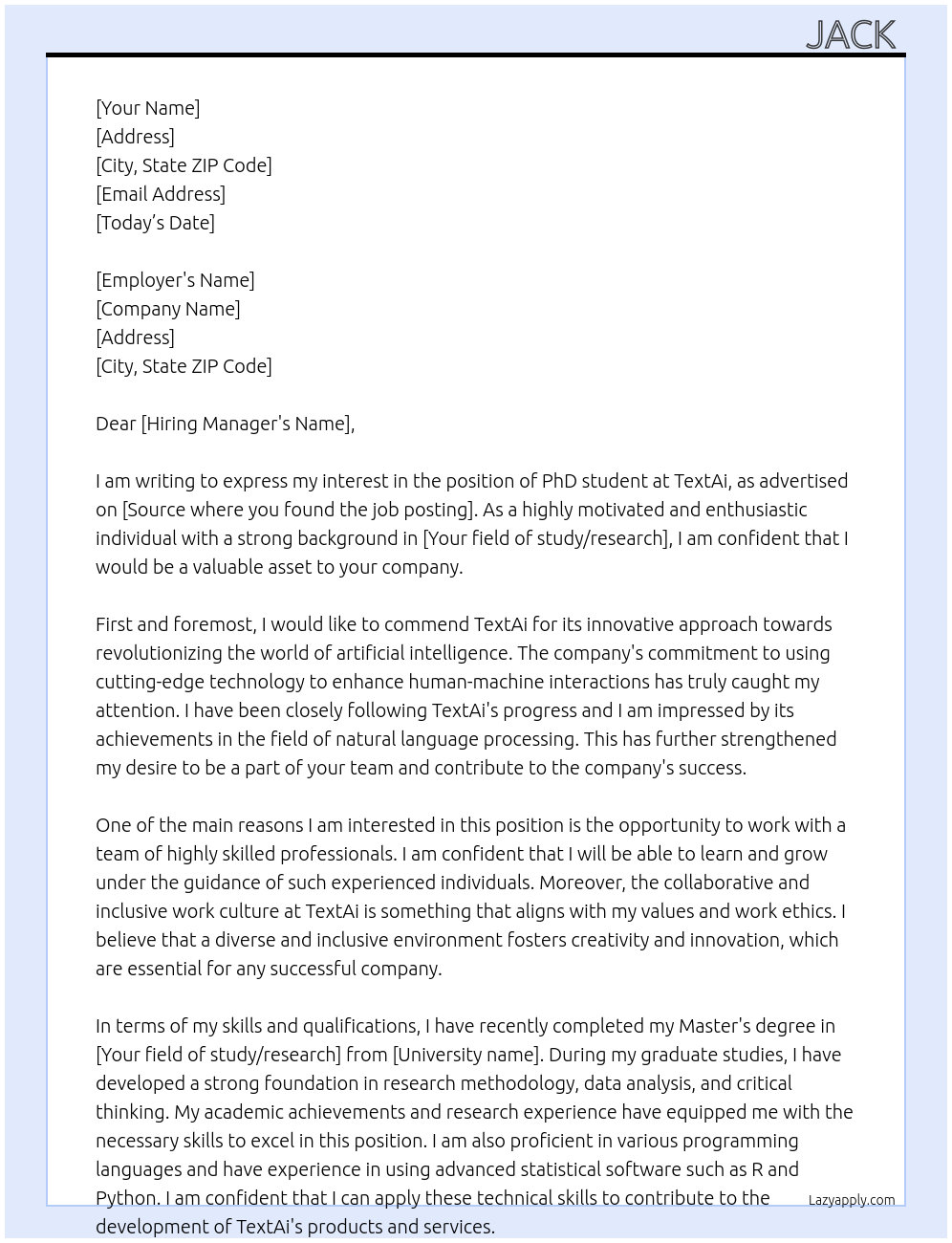 PhD student  At TextAi Cover Letter