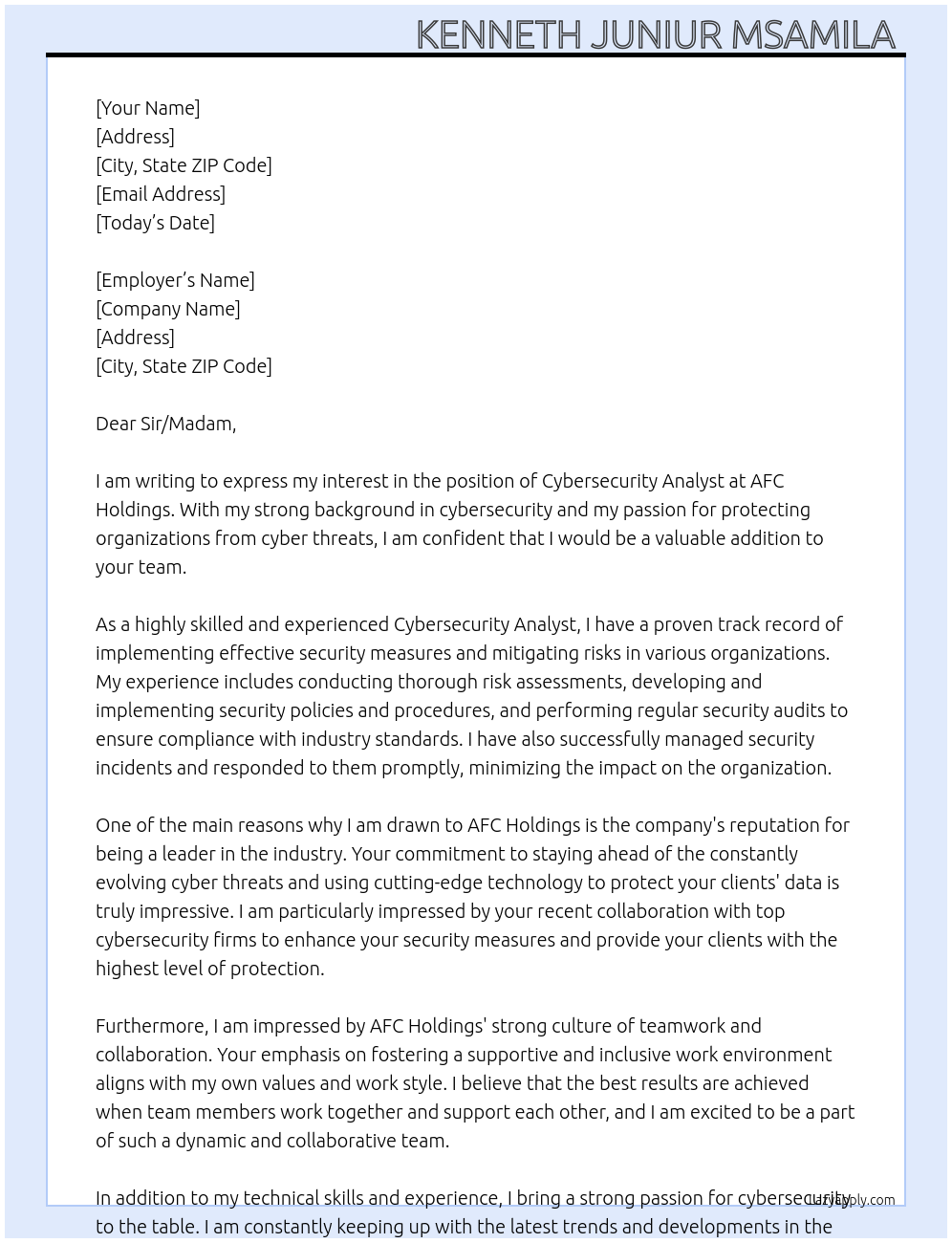 Cybersecurity Analyst At AFC Holdings Cover Letter