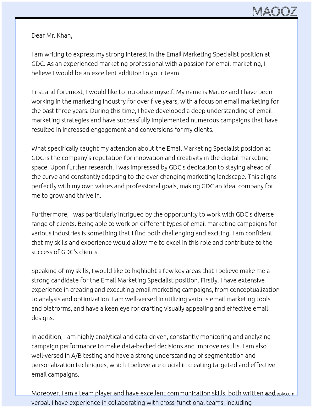 Email Marketing Specialist At GDC Cover Letter