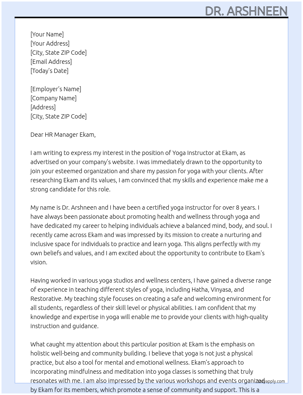 yoga instructor At Ekam Cover Letter