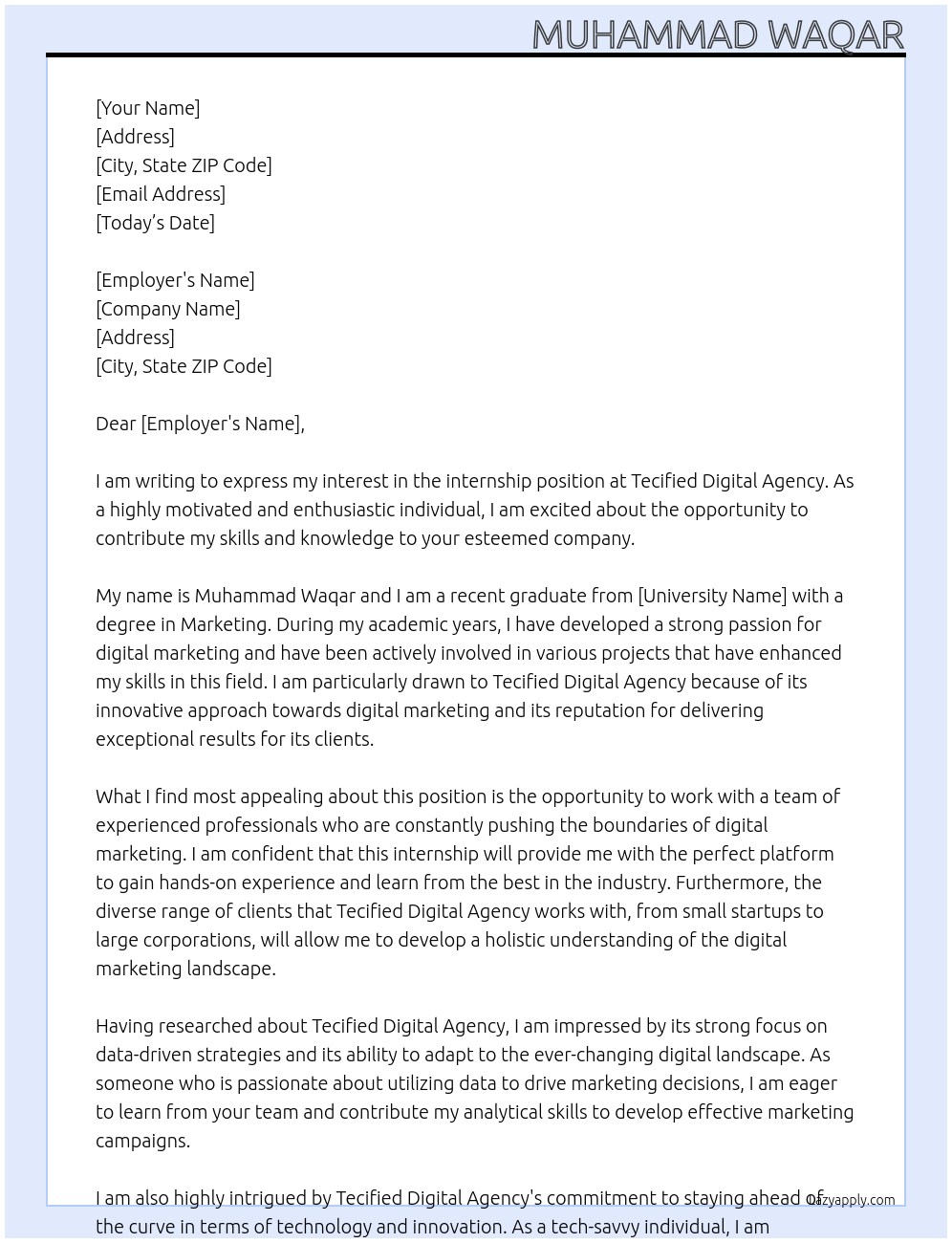 Intership At tecified digital agency Cover Letter