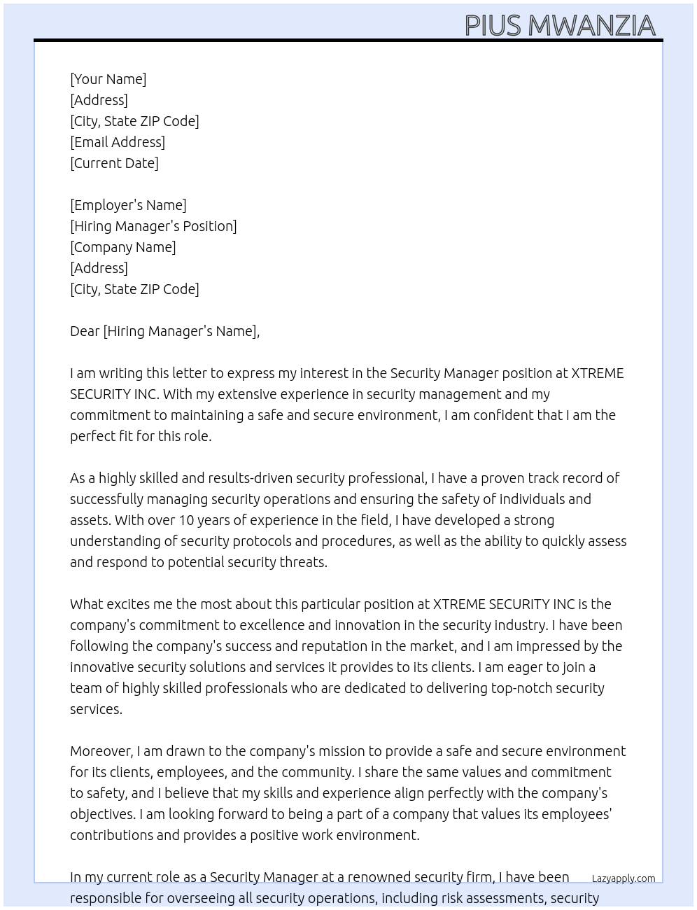 Security  At XTREME SECURITY INC Cover Letter