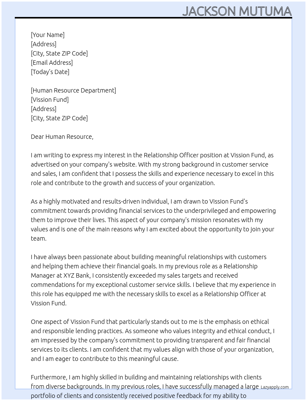 relationship officer At vission fund Cover Letter