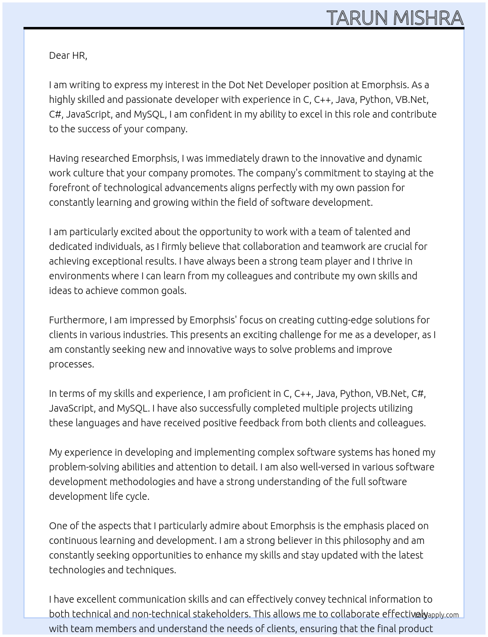 Dot Net Developer At Emorphsis Cover Letter