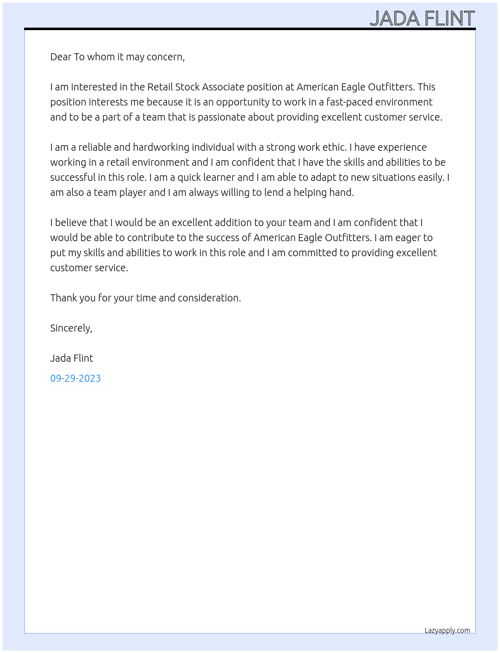 Retail Stock Associate At American Eagle Outfitters Cover Letter