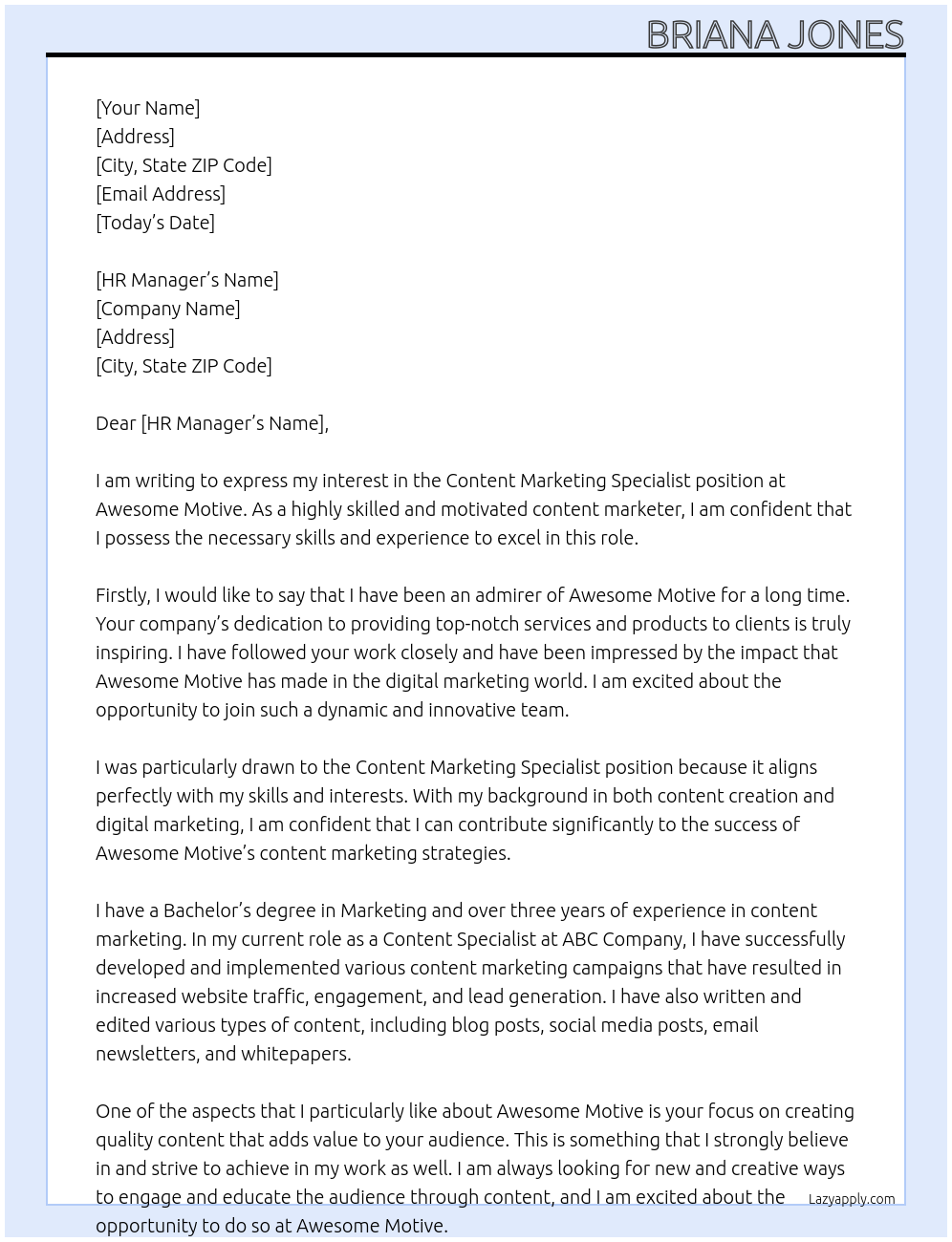 Content Marketing Specialist At Awesome Motive Cover Letter