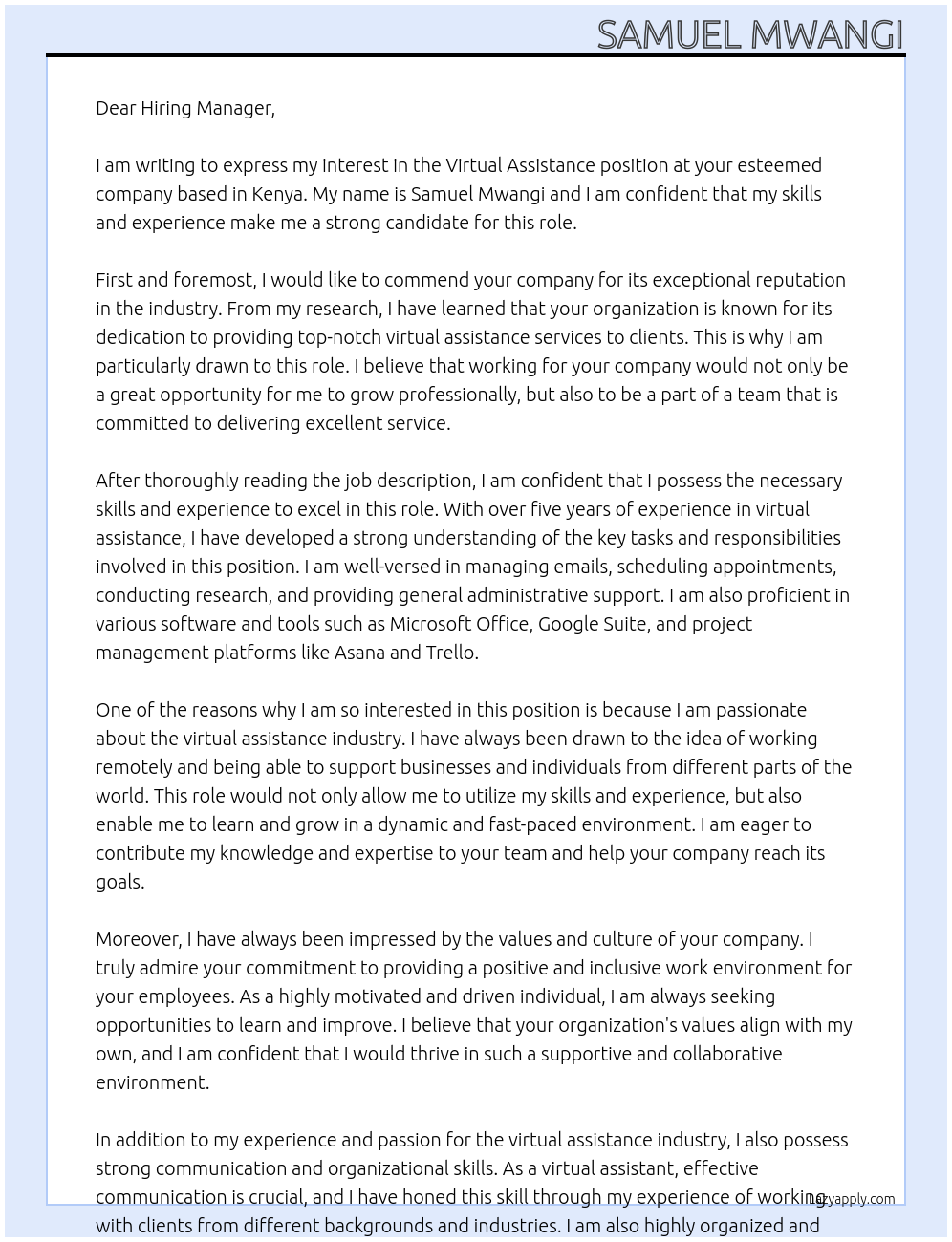 virtual assistance At kenya based Cover Letter