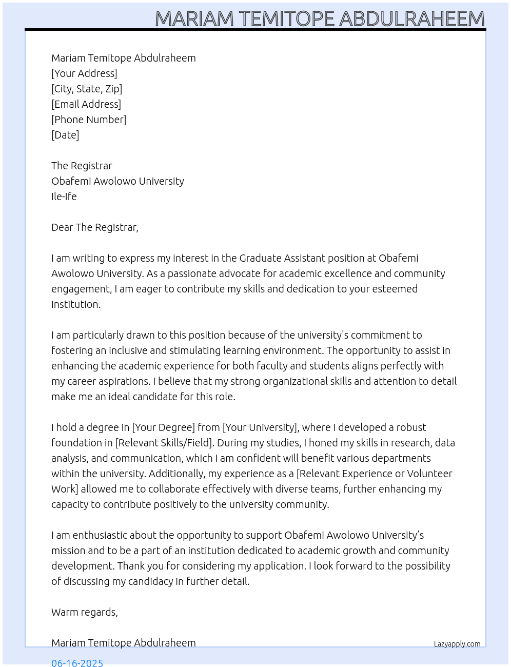 Graduate Assistant At Obafemi Awolowo University, Ile-Ife Cover Letter