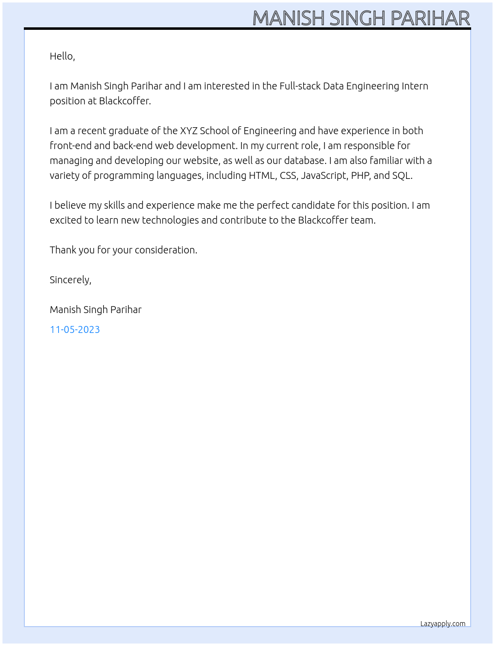 Full-stack Data Engineering Intern At Blackcoffer Cover Letter