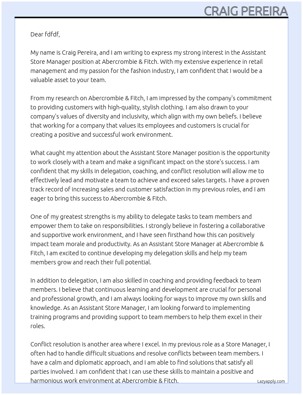 Assistant Store Manager At Abercrombie & Fitch Cover Letter