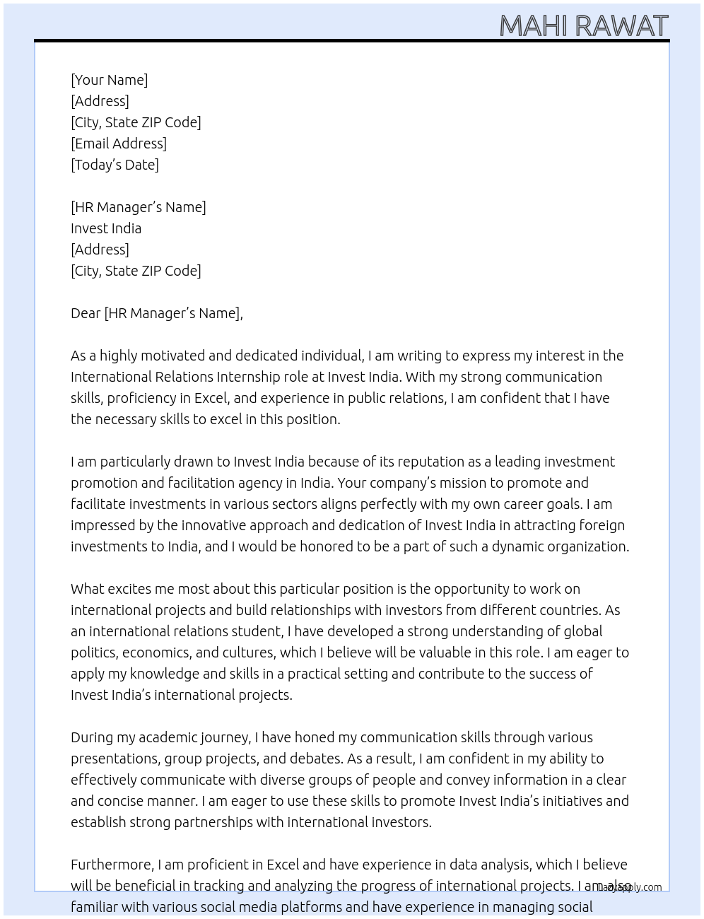 International relations At Invest India Cover Letter