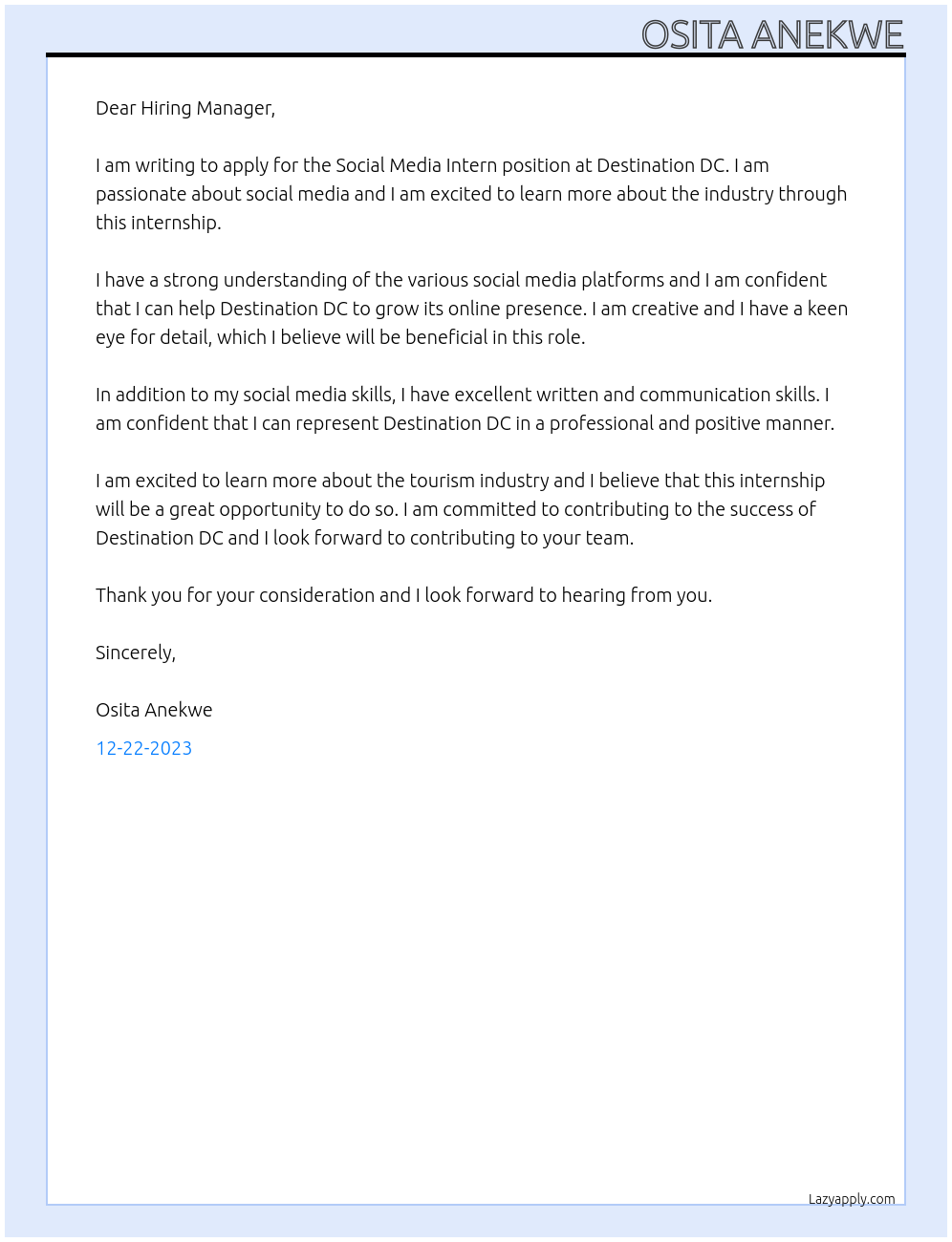 Social Media Intern At Destination DC Cover Letter