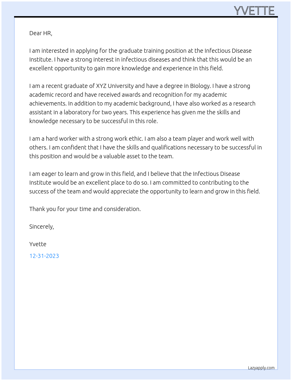 Graduate training  At Infectious disease institute  Cover Letter