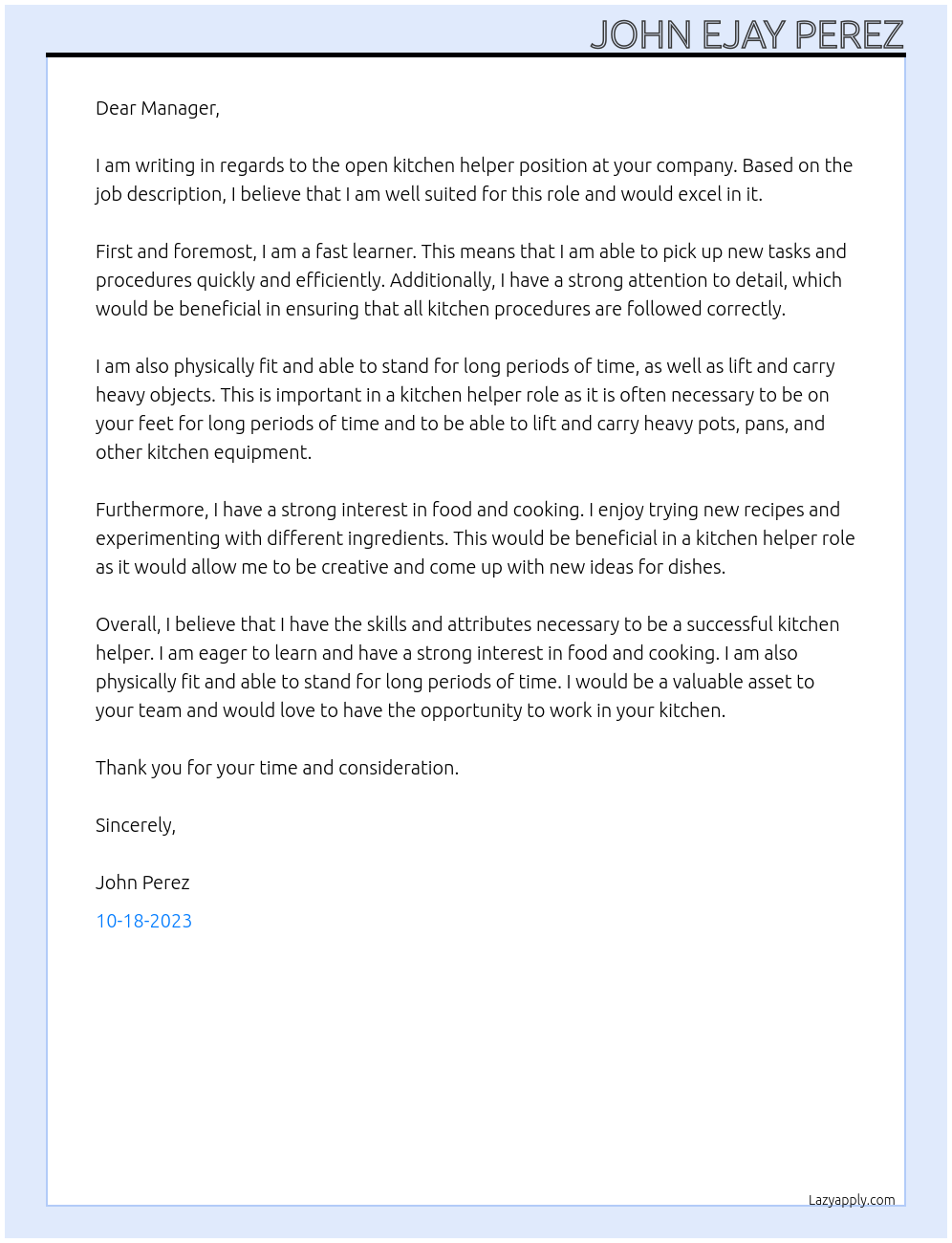 Kitchen helper At Kitchen staff Cover Letter