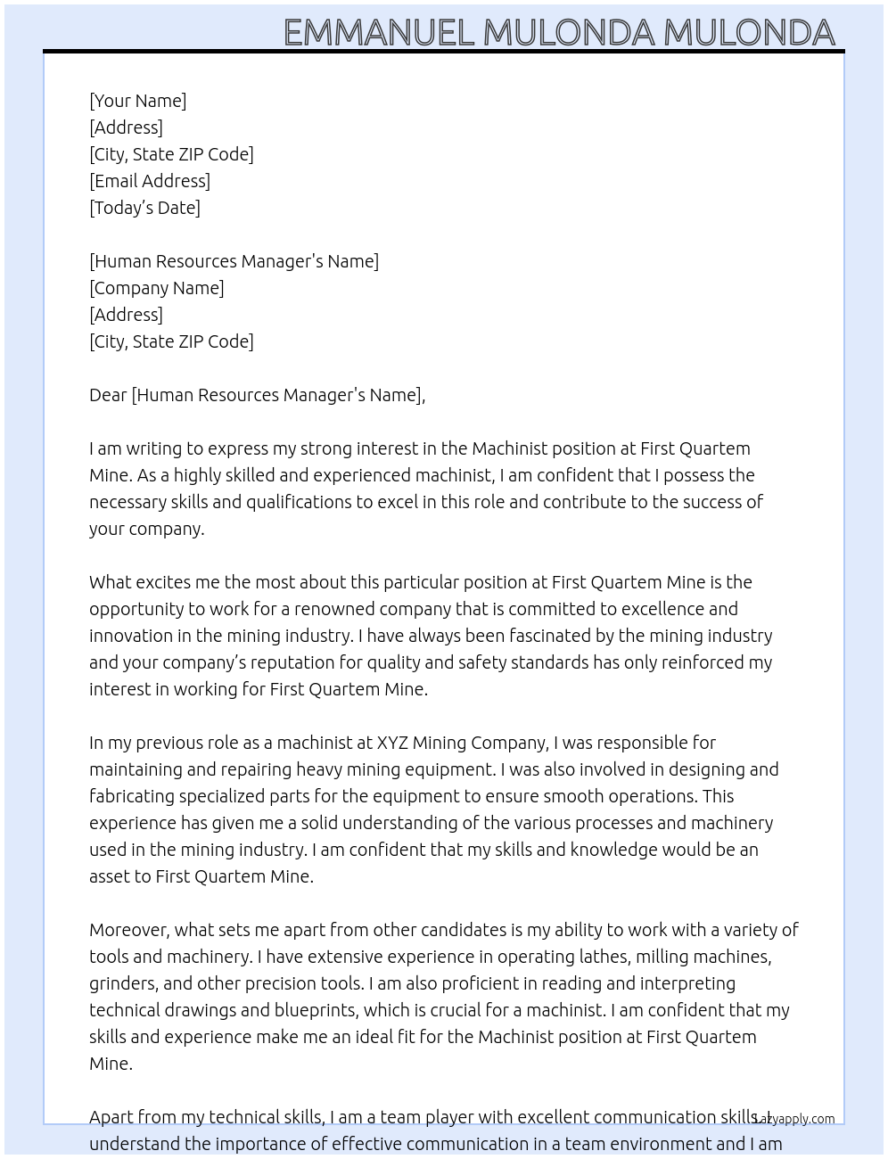 Machinist  At First Quartem Mine  Cover Letter