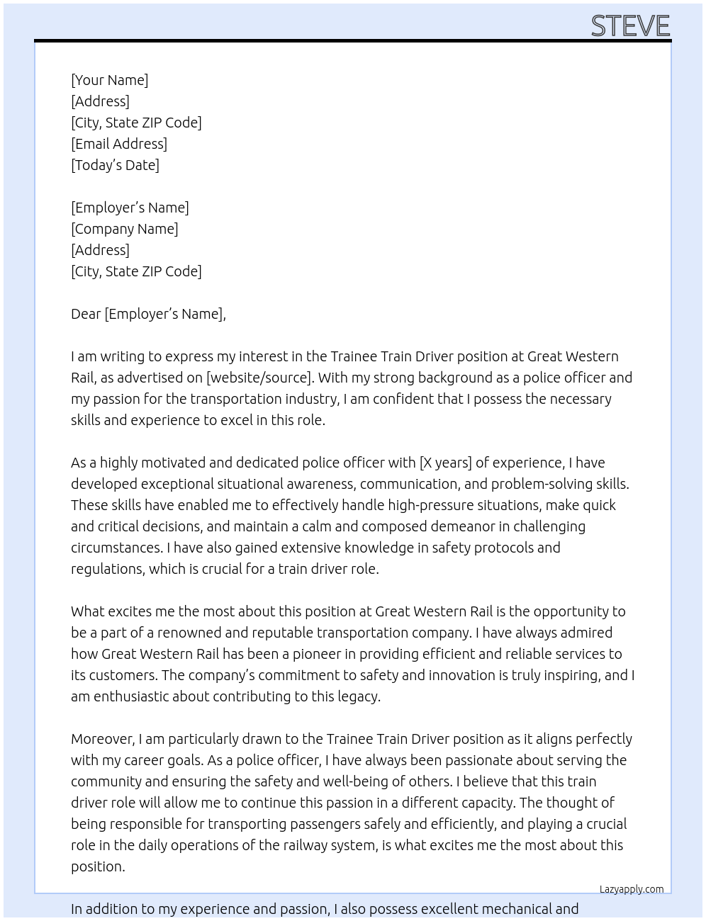 Trainee train driver At Great western rail Cover Letter