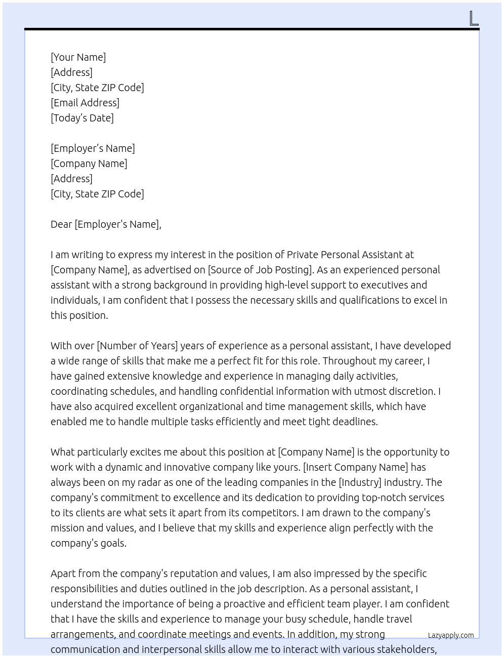 private personal assistant At l Cover Letter