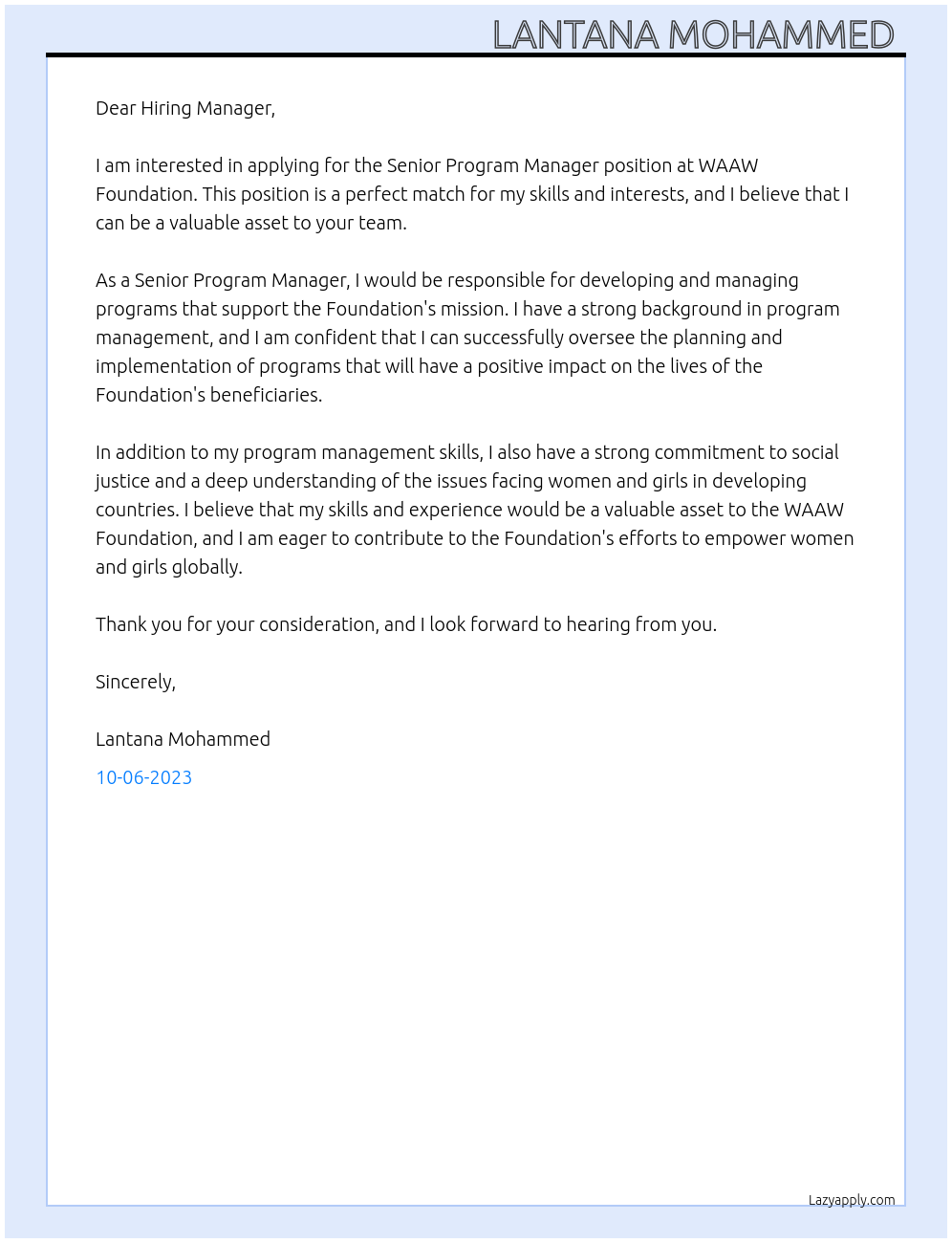 Senior Program Manager At WAAW Foundation Cover Letter