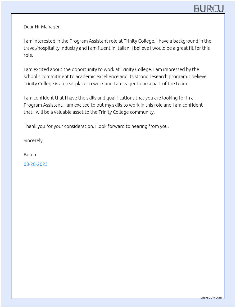 Program Assistant At Trinity College Cover Letter