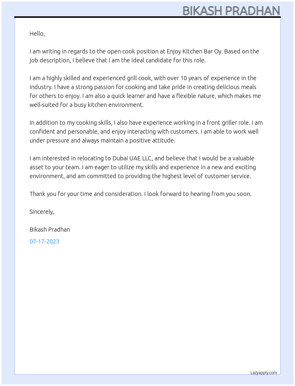 Cook At Enjoy Kitchen Bar Oy Cover Letter