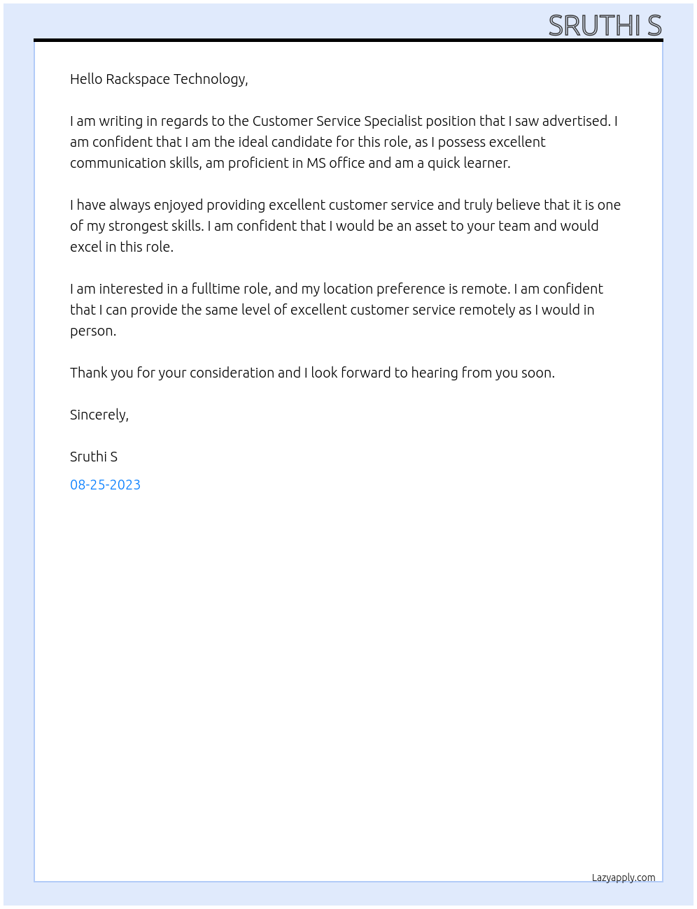 Customer service specialist At Rackspace Cover Letter