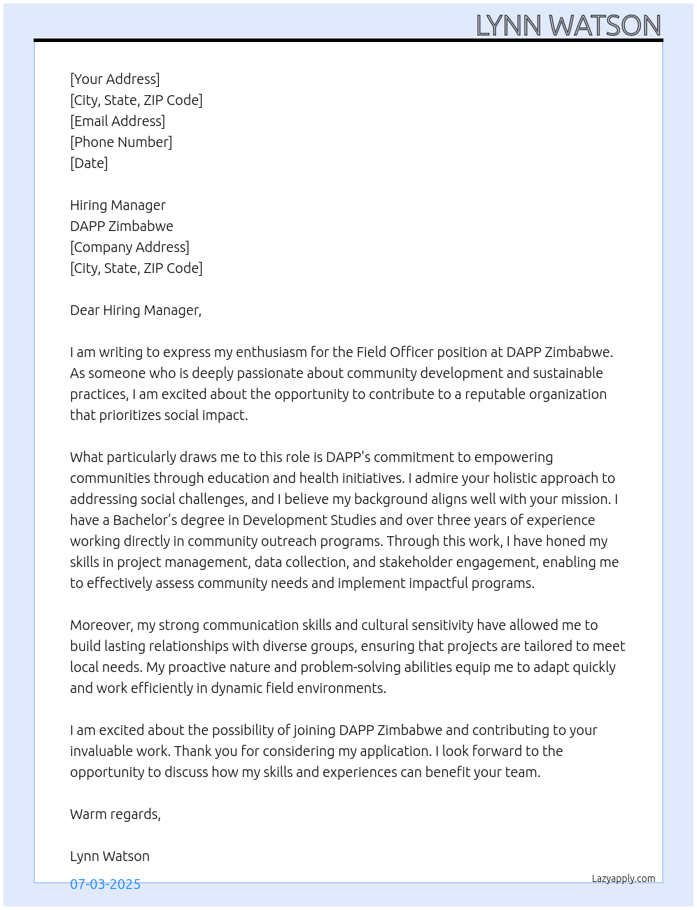 field officer At DAPP Zimbabwe Cover Letter