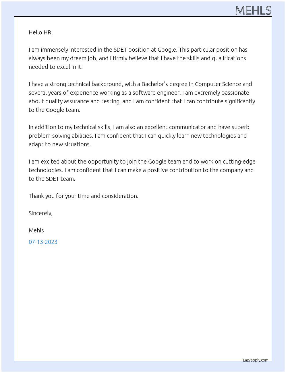 SDET At google Cover Letter