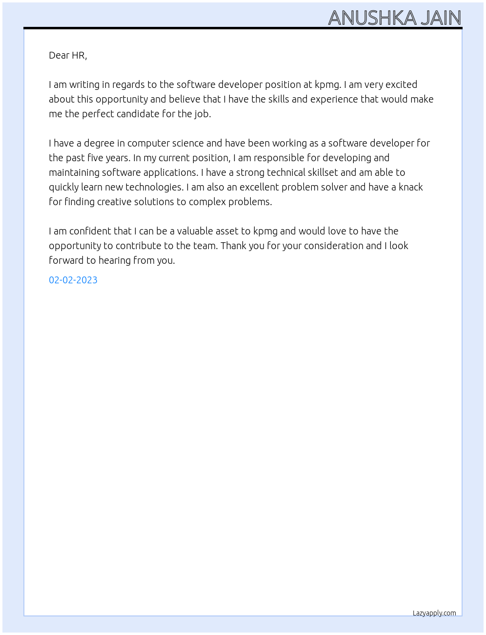 Software developer At kpmg Cover Letter