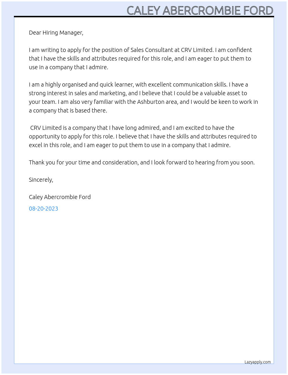 Sales Consultant At CRV Limited Cover Letter