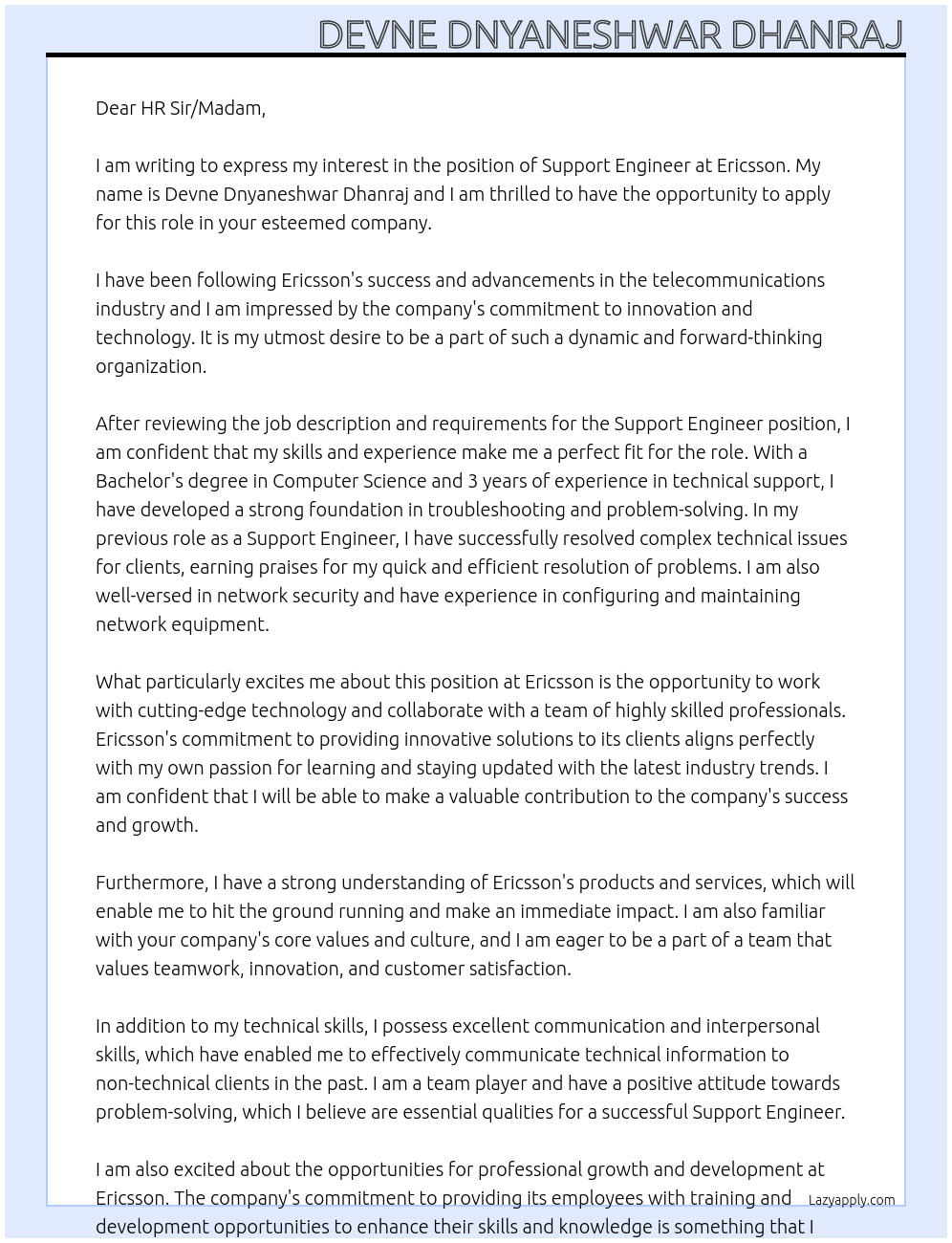 Support Engineer At Ericsson Cover Letter