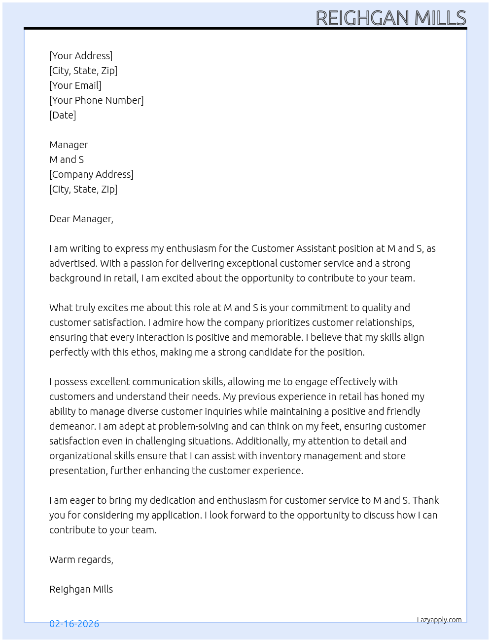 Cover letter for customer assistant - LazyApply