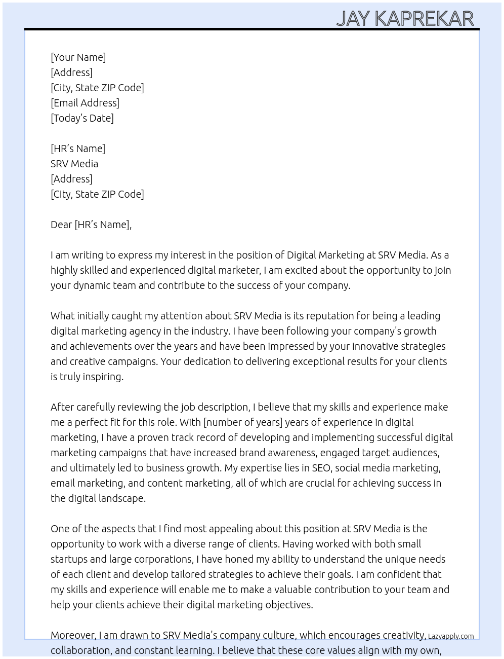 Digital marketing At SRV media Cover Letter