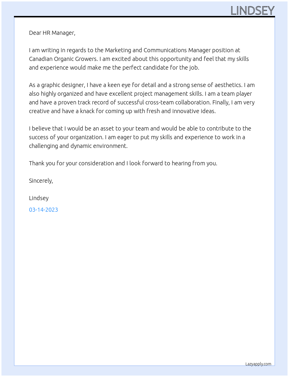 Marketing and communications manager At Canadian Organic Growers Cover Letter
