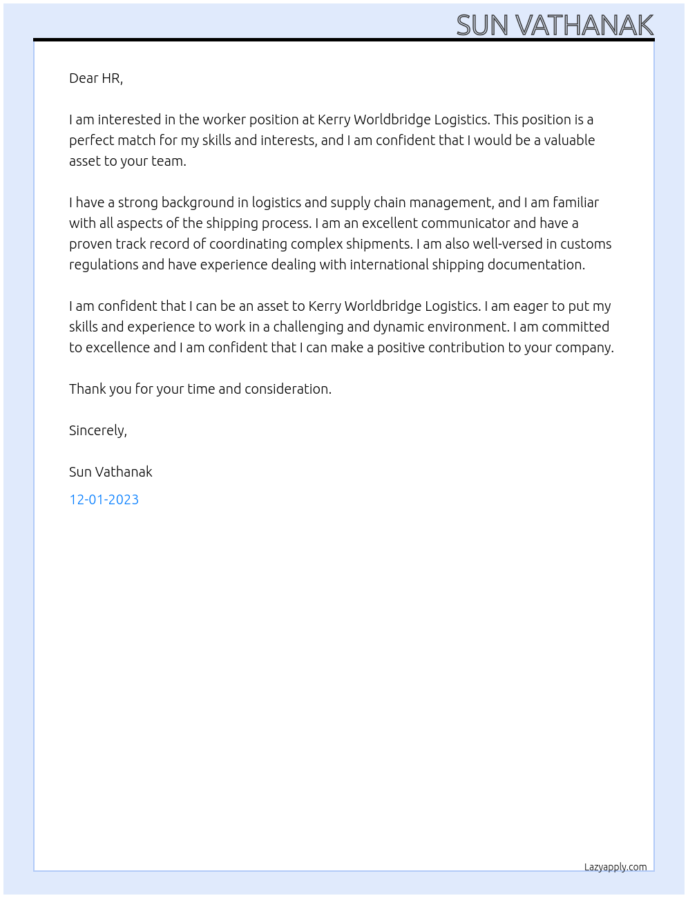 Worker At Kerry Worldbridge Logistics Cover Letter