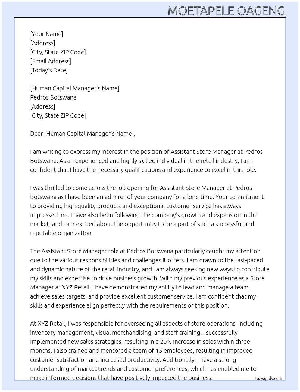 Assistant Store Manager At Pedros Botswana Cover Letter