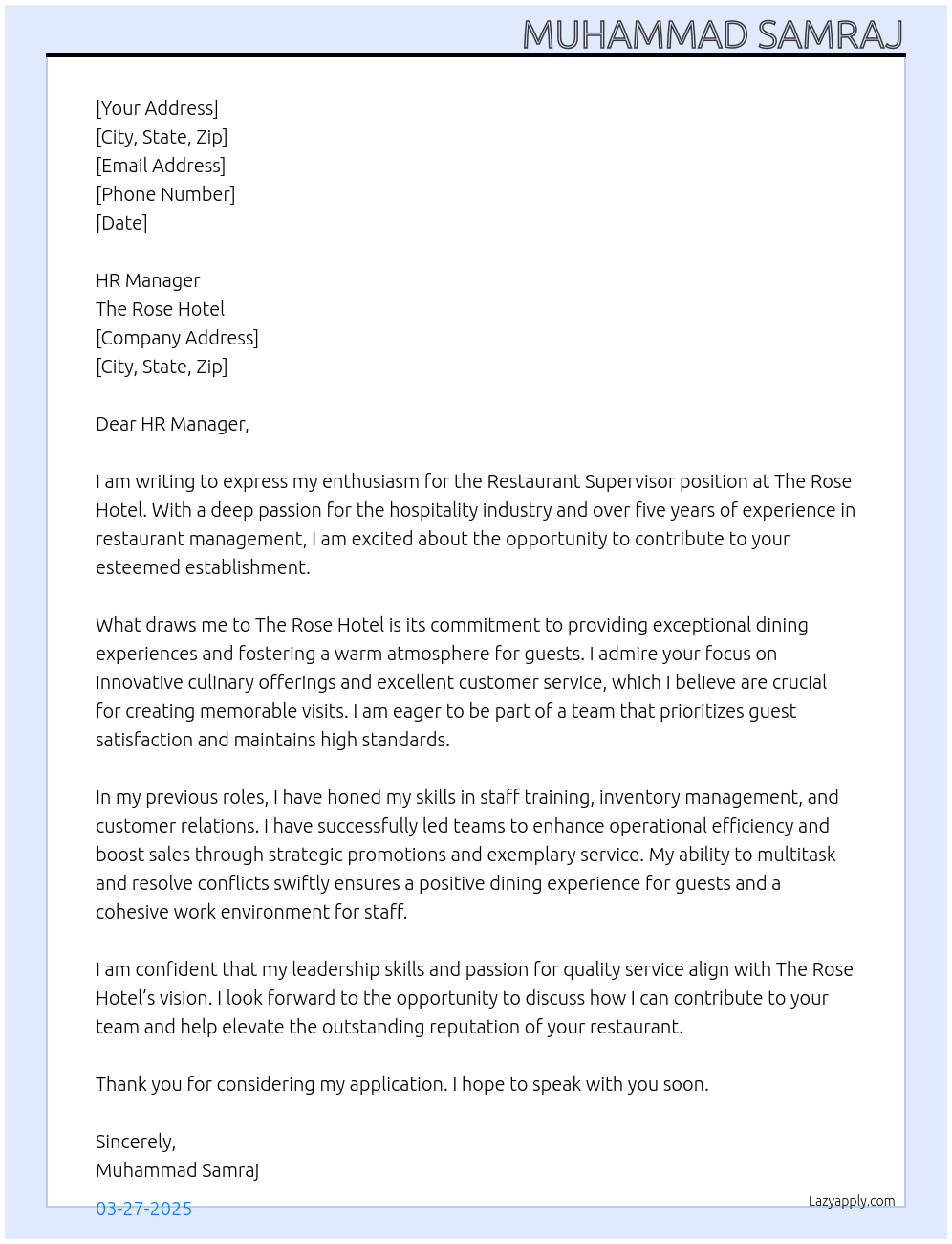Restaurant Supervisor At The Rose Hotel Cover Letter